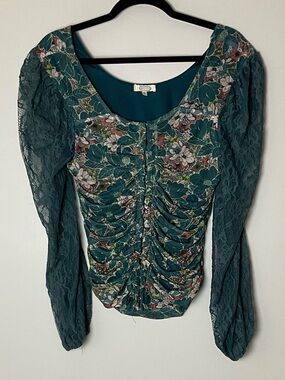 gimmicks by BKE Mesh Teal Floral Ruched Lace-Sleeve Blouse Boho Cottagecore Larg